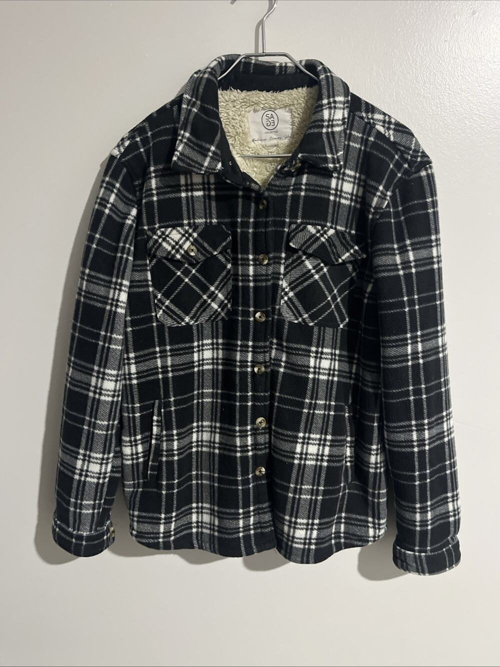 SAGE Collective Black & White/Cream Plaid Fleece Shacket with Sherpa Lining